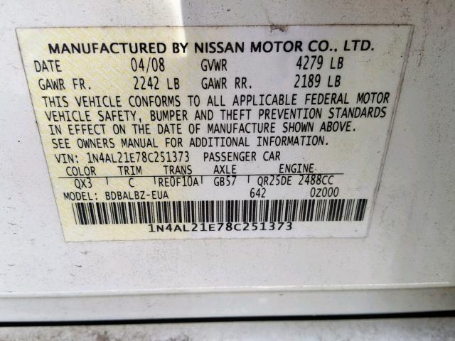 1N4AL21E78C251373 - 2008 NISSAN ALTIMA 2.5 WHITE photo 10