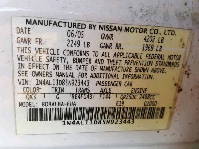 1N4AL11D85N923443 - 2005 NISSAN ALTIMA S WHITE photo 10