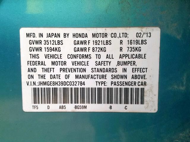 JHMGE8H39DC032784 - 2013 HONDA FIT TURQUOISE photo 10