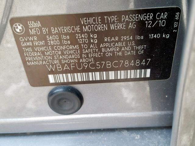 WBAFU9C57BC784847 - 2011 BMW 550 XI GRAY photo 10