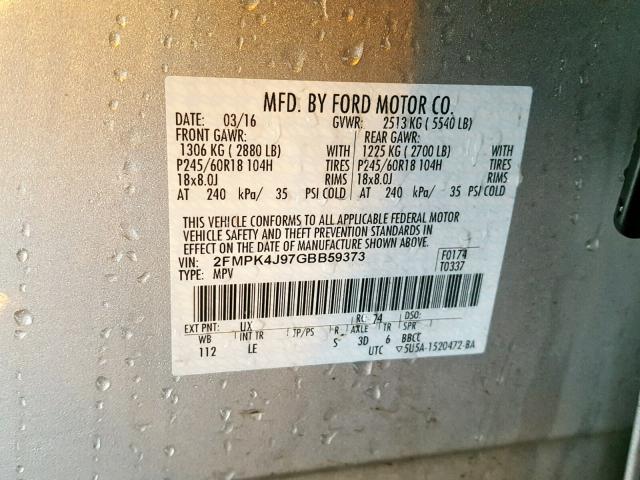 2FMPK4J97GBB59373 - 2016 FORD EDGE SEL SILVER photo 10