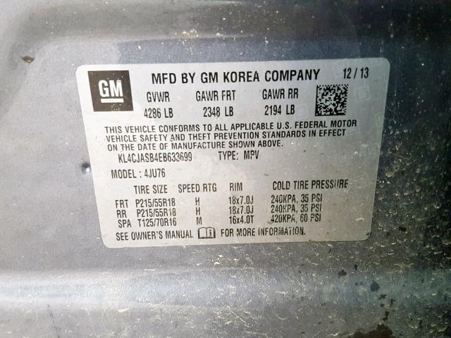 KL4CJASB4EB633699 - 2014 BUICK ENCORE GRAY photo 10