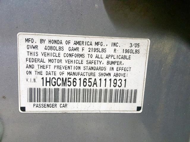 1HGCM56165A111931 - 2005 HONDA ACCORD DX SILVER photo 10