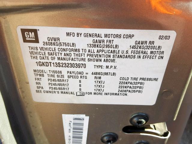 1GKDT13S232303970 - 2003 GMC ENVOY TAN photo 10