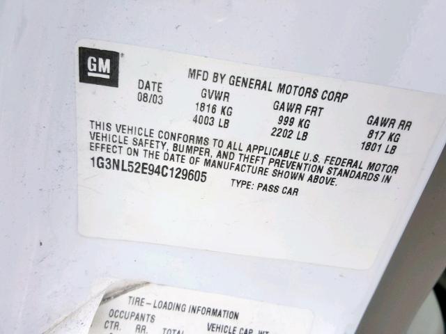 1G3NL52E94C129605 - 2004 OLDSMOBILE ALERO GL WHITE photo 10