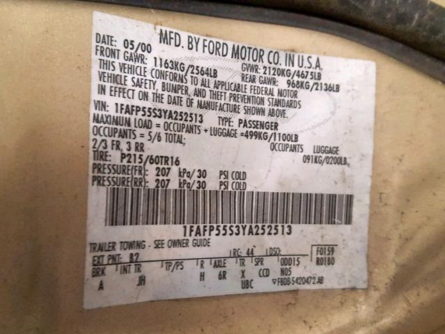 1FAFP55S3YA252513 - 2000 FORD TAURUS SES GOLD photo 10