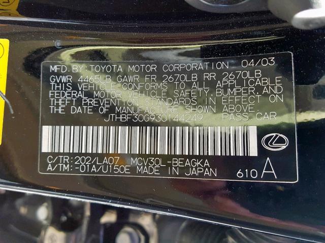 JTHBF30G930144249 - 2003 LEXUS ES 300 BLACK photo 10