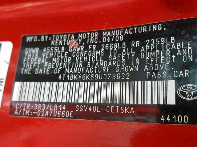 4T1BK46K69U079632 - 2009 TOYOTA CAMRY SE RED photo 10