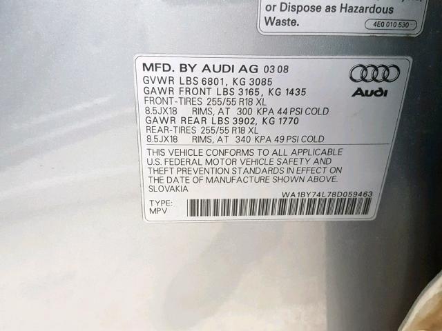 WA1BY74L78D059463 - 2008 AUDI Q7 3.6 QUA SILVER photo 10