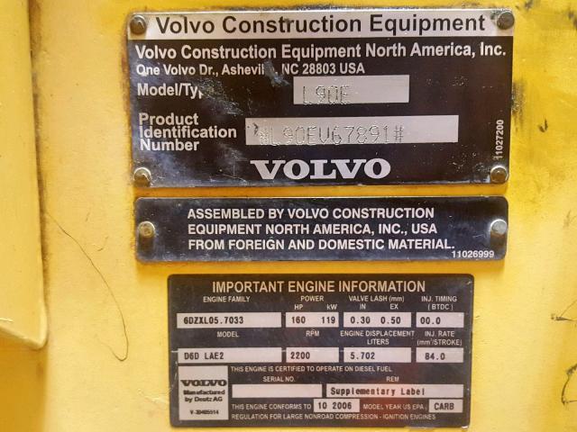 L90EV67891 - 2006 VOLVO L90E YELLOW photo 10