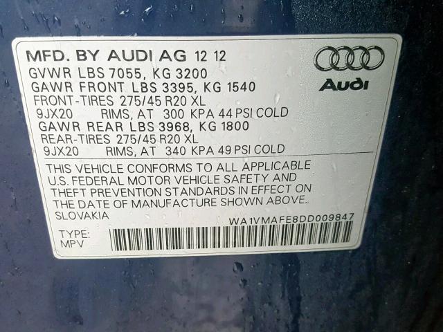 WA1VMAFE8DD009847 - 2013 AUDI Q7 PRESTIG BLUE photo 10