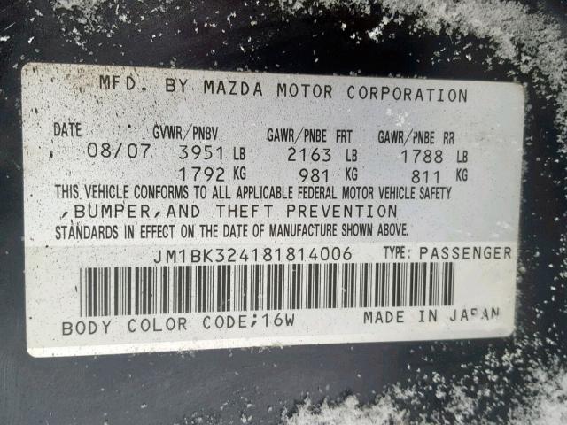 JM1BK324181814006 - 2008 MAZDA 3 S BLACK photo 10