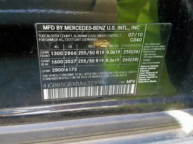 4JGBB5GBXBA632990 - 2011 MERCEDES-BENZ ML 350 BLACK photo 10