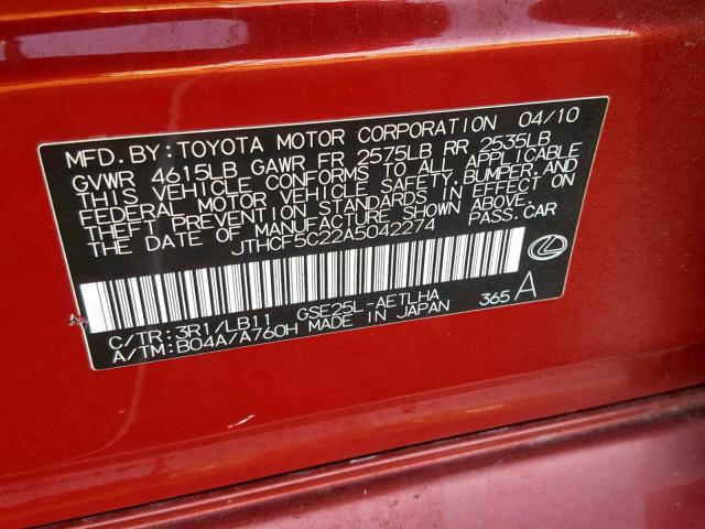 JTHCF5C22A5042274 - 2010 LEXUS IS 250 RED photo 10