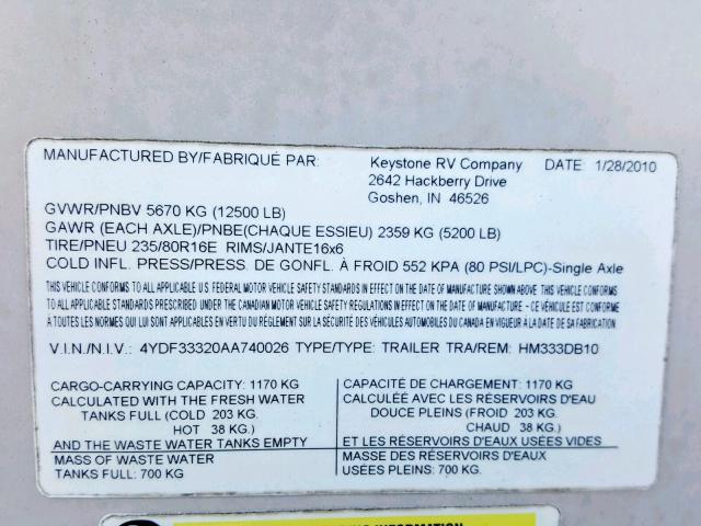 4YDF33320AA740026 - 2010 KEYSTONE MONTANA WHITE photo 10