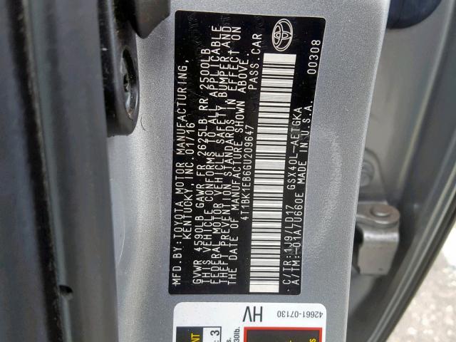 4T1BK1EB6GU209647 - 2016 TOYOTA AVALON XLE SILVER photo 10