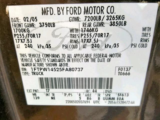 1FTPW14525FA80737 - 2005 FORD F150 SUPER GRAY photo 10