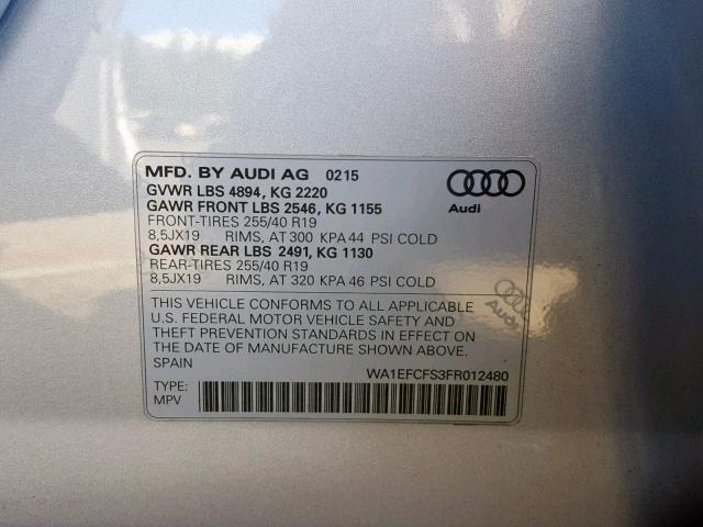 WA1EFCFS3FR012480 - 2015 AUDI Q3 PREMIUM SILVER photo 10