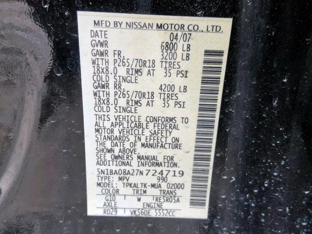 5N1BA08A27N724719 - 2007 NISSAN ARMADA SE BLACK photo 10