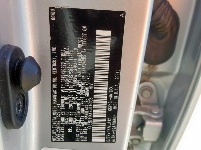 4T3BK11AX9U014335 - 2009 TOYOTA VENZA BASE SILVER photo 10