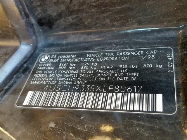 4USCH9335XLF80612 - 1999 BMW Z3 2.3 BLACK photo 10