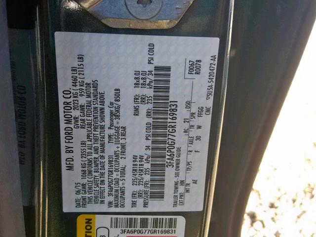 3FA6P0G77GR169831 - 2016 FORD FUSION S GREEN photo 10