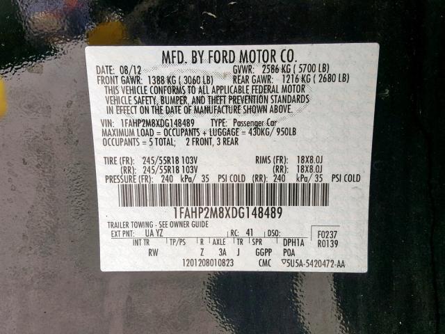 1FAHP2M8XDG148489 - 2013 FORD TAURUS POL BLACK photo 10