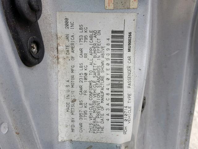 4A3AC84L0YE093984 - 2000 MITSUBISHI ECLIPSE GT SILVER photo 10