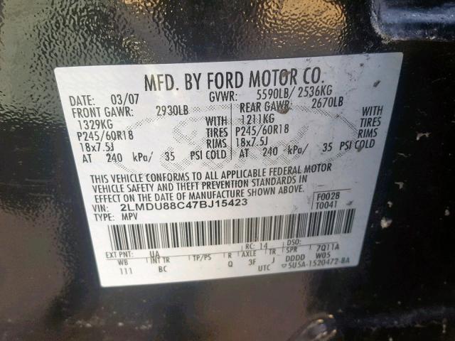 2LMDU88C47BJ15423 - 2007 LINCOLN MKX BLACK photo 10