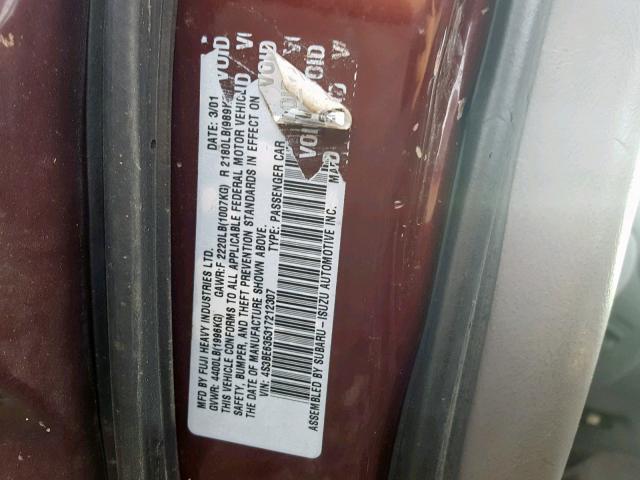 4S3BE635317212307 - 2001 SUBARU LEGACY L MAROON photo 10