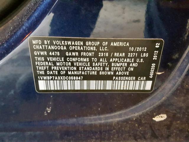 1VWBP7A3XDC058947 - 2013 VOLKSWAGEN PASSAT SE BLUE photo 10