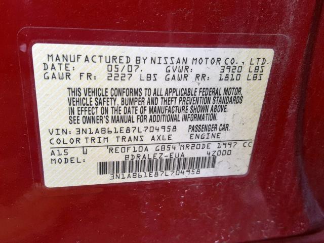 3N1AB61E87L704958 - 2007 NISSAN SENTRA 2.0 RED photo 10