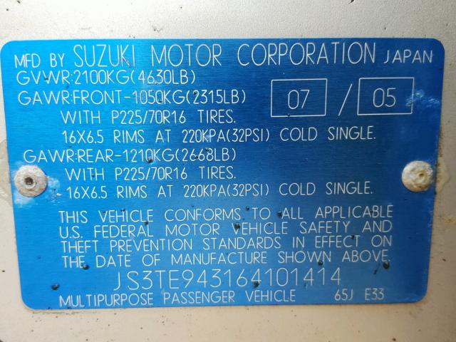 JS3TE943164101414 - 2006 SUZUKI GRAND VITA SILVER photo 10