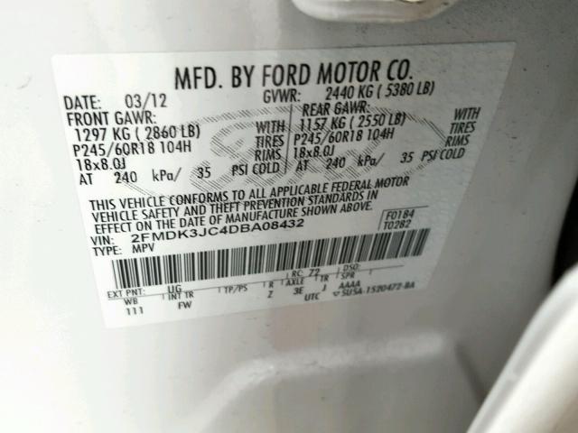 2FMDK3JC4DBA08432 - 2013 FORD EDGE SEL WHITE photo 10