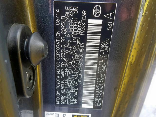 JTKJF5C75F3093543 - 2015 TOYOTA SCION TC ნაცრისფერი ფოტო 10