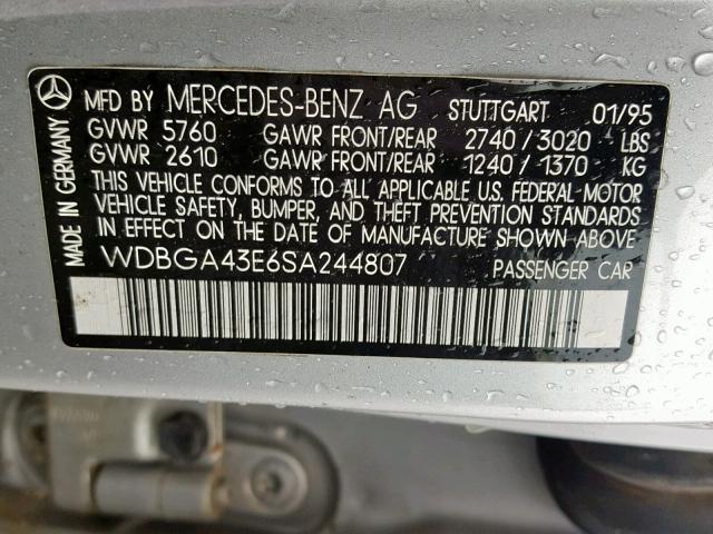 WDBGA43E6SA244807 - 1995 MERCEDES-BENZ S 420 SILVER photo 10