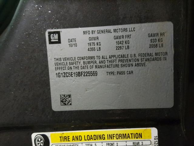 1G1ZC5E19BF225569 - 2011 CHEVROLET MALIBU 1LT CHARCOAL photo 10