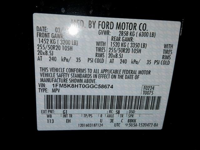 1FM5K8HT0GGC58674 - 2016 FORD EXPLORER P BLACK photo 10