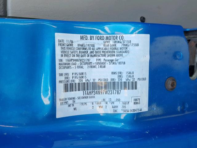 1FAHP34N97W231787 - 2007 FORD FOCUS ZX4 BLUE photo 10