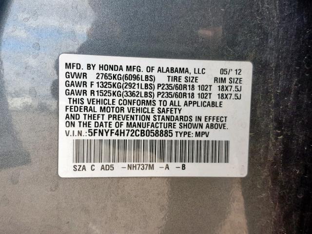 5FNYF4H72CB058885 - 2012 HONDA PILOT EXLN CHARCOAL photo 10