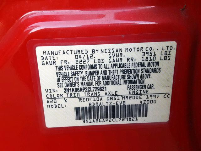 3N1AB6AP2CL729821 - 2012 NISSAN SENTRA 2.0 RED photo 10