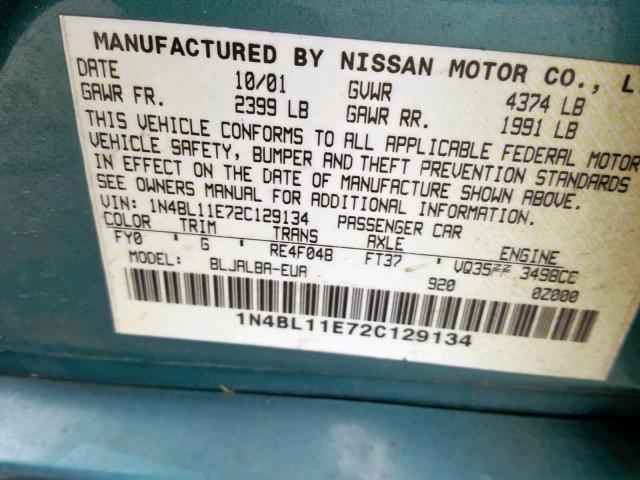 1N4BL11E72C129134 - 2002 NISSAN ALTIMA SE GREEN photo 10