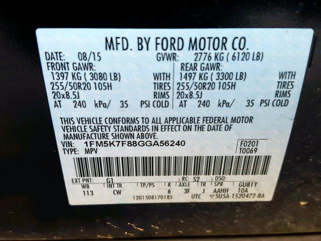 1FM5K7F88GGA56240 - 2016 FORD EXPLORER L BLACK photo 10