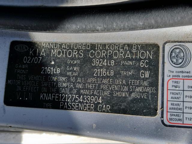 KNAFE121275433904 - 2007 KIA SPECTRA EX SILVER photo 10