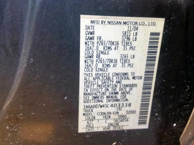 1N6AD07W45C403338 - 2005 NISSAN FRONTIER C GRAY photo 10