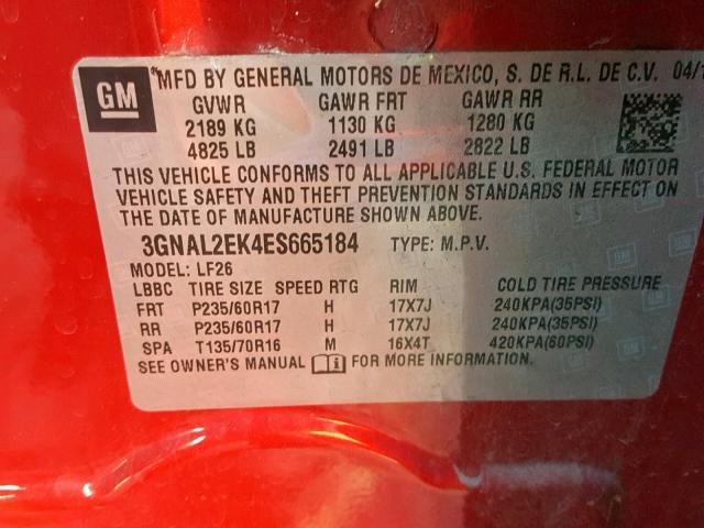 3GNAL2EK4ES665184 - 2014 CHEVROLET CAPTIVA LS 红色 照片 10