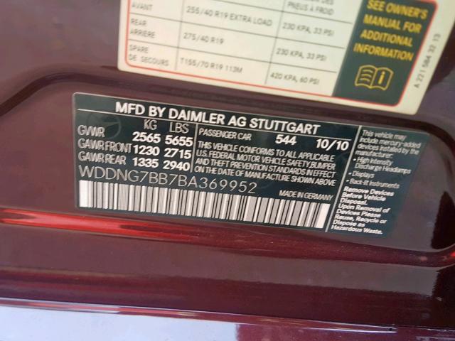 WDDNG7BB7BA369952 - 2011 MERCEDES-BENZ S 550 BURGUNDY photo 10