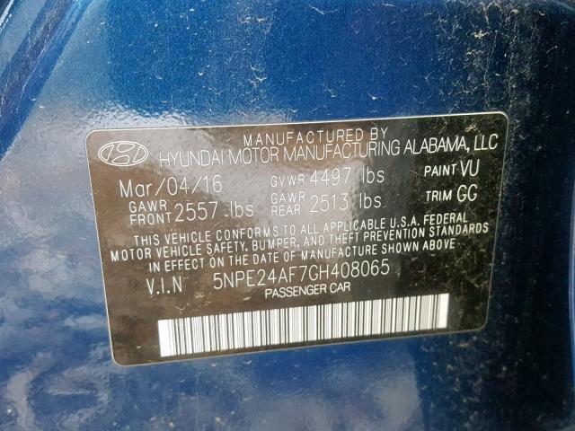 5NPE24AF7GH408065 - 2016 HYUNDAI SONATA SE BLUE photo 10