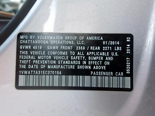 1VWAT7A31EC070154 - 2014 VOLKSWAGEN PASSAT S SILVER photo 10