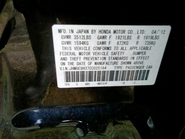 JHMGE8H37CC025184 - 2012 HONDA FIT BLACK photo 10